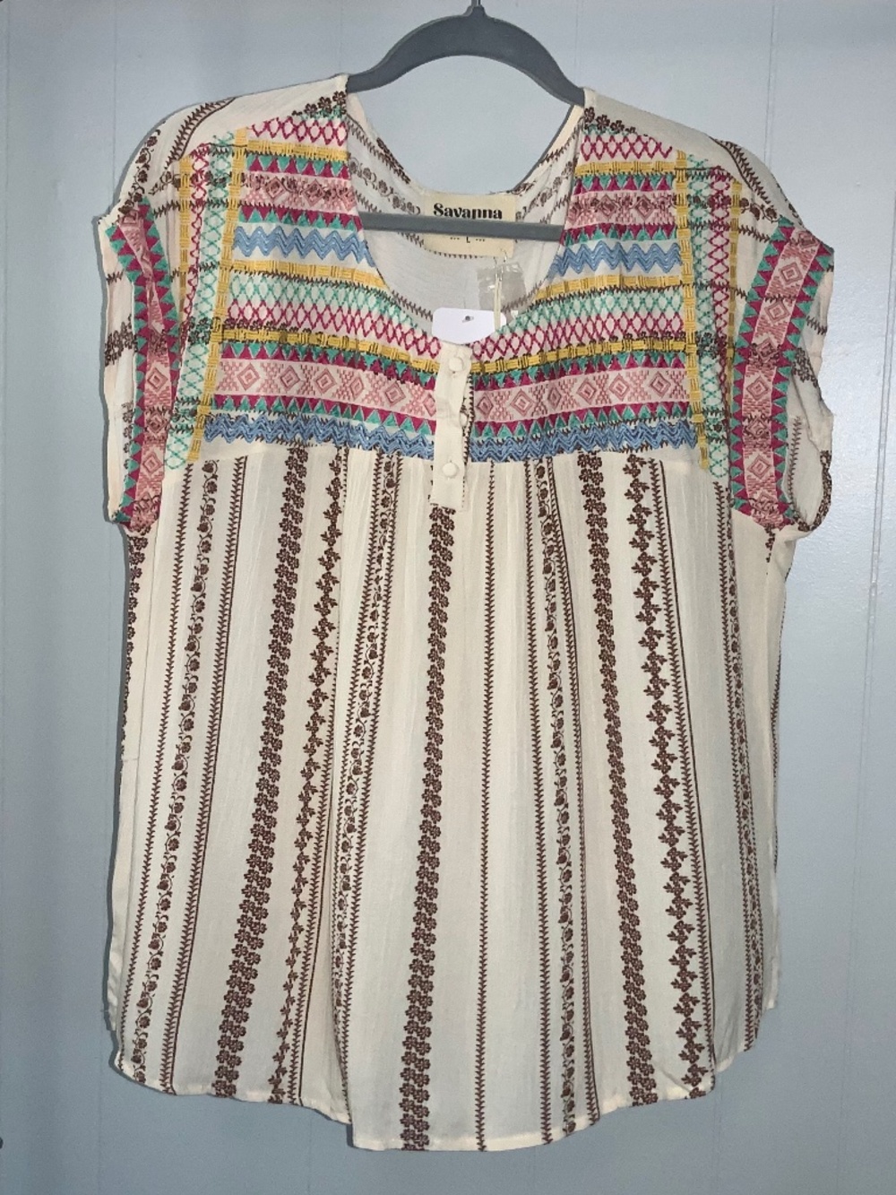 Savanna Jane button placket embroidered multicolor cap sleeve blouse Sz L New